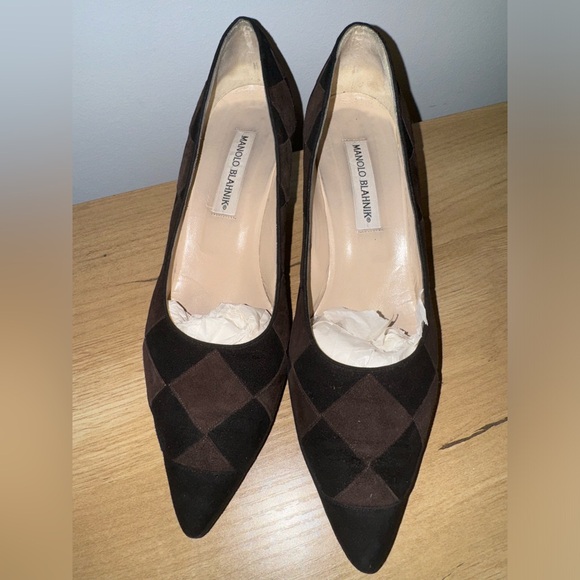 Shoes - Vintage Manolo Blahnik Kitten Heels Brown and Black Checkered Suede Size 39.5